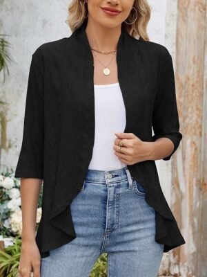 Casual Regular Plain Open Front Collarless 3/4 Sleeve Jacket - Image 13