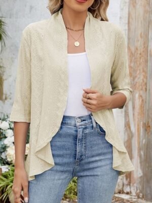Casual Regular Plain Open Front Collarless 3/4 Sleeve Jacket - Image 6