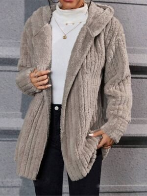 Casual Regular Plain Open Front Long Sleeve Fleece Jacket - Image 3