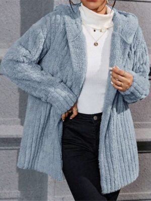 Casual Regular Plain Open Front Long Sleeve Fleece Jacket - Image 4