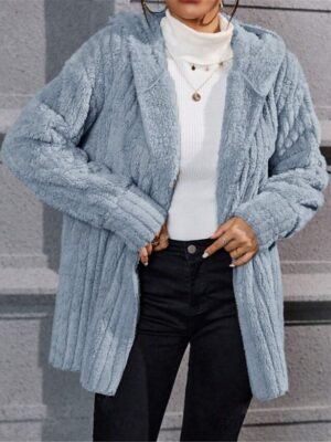 Casual Regular Plain Open Front Long Sleeve Fleece Jacket - Image 6