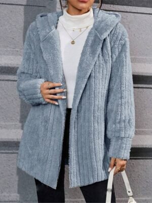 Casual Regular Plain Open Front Long Sleeve Fleece Jacket - Image 7