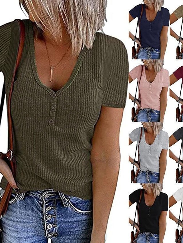 Casual Regular Plain Round Neck Button Short Sleeve Tee - Image 1