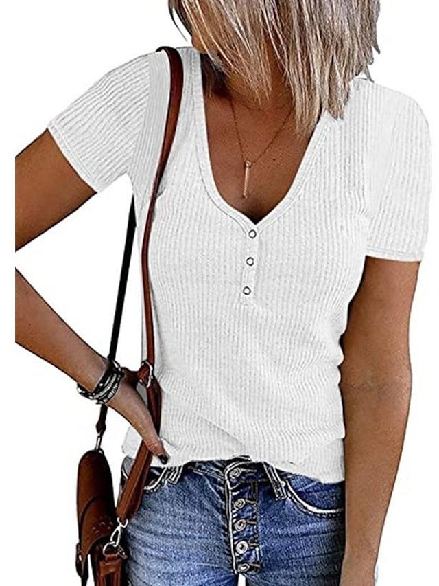 Casual Regular Plain Round Neck Button Short Sleeve Tee - Image 2