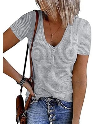 Casual Regular Plain Round Neck Button Short Sleeve Tee - Image 4