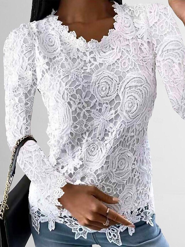 Casual Regular Plain Round Neck Long Sleeve Lace Blouse - Image 1