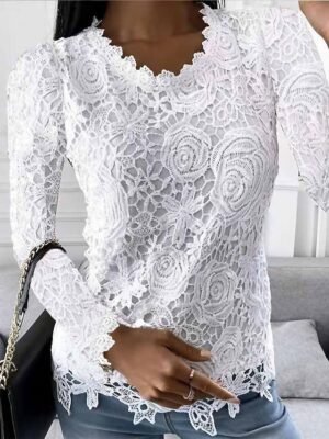 Casual Regular Plain Round Neck Long Sleeve Lace Blouse - Image 2