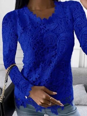 Casual Regular Plain Round Neck Long Sleeve Lace Blouse - Image 3
