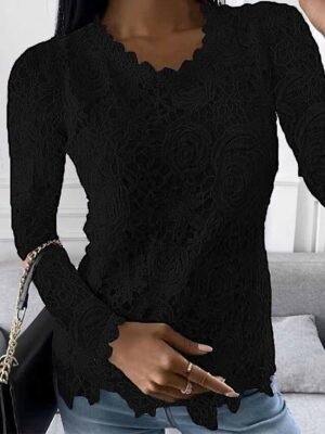 Casual Regular Plain Round Neck Long Sleeve Lace Blouse - Image 4