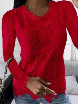 Casual Regular Plain Round Neck Long Sleeve Lace Blouse - Image 5