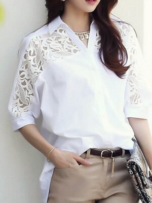 Casual Regular Plain Shirt Collar 3/4 Length Sleeve Lace Blouse - Image 2