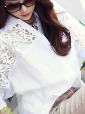 Casual Regular Plain Shirt Collar 3/4 Length Sleeve Lace Blouse - Image 3