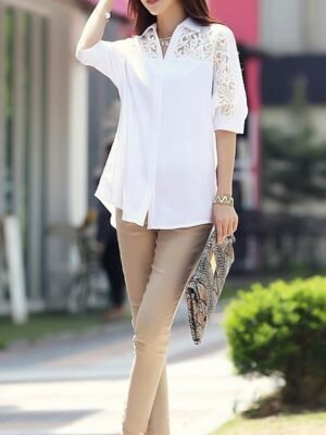 Casual Regular Plain Shirt Collar 3/4 Length Sleeve Lace Blouse - Image 4