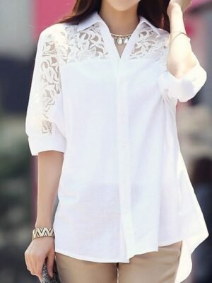 Casual Regular Plain Shirt Collar 3/4 Length Sleeve Lace Blouse - Image 5