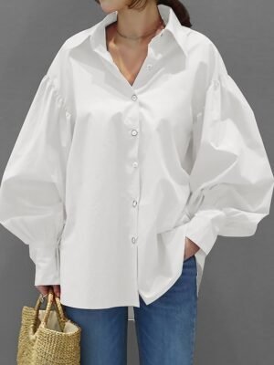 Casual Regular Plain Shirt Collar Long Sleeve Lantern Sleeve Tops - Image 1
