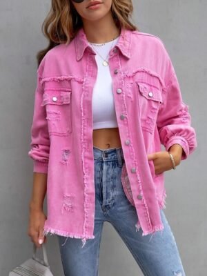 Casual Regular Plain Shirt Collar Long Sleeve Shacket - Image 1