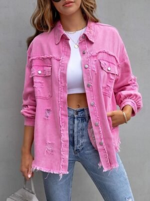 Casual Regular Plain Shirt Collar Long Sleeve Shacket - Image 10