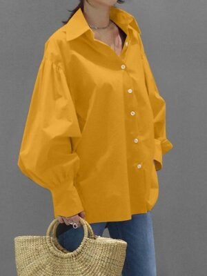 Casual Regular Plain Shirt Collar Long Sleeve Lantern Sleeve Tops - Image 10