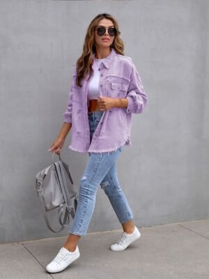 Casual Regular Plain Shirt Collar Long Sleeve Shacket - Image 12