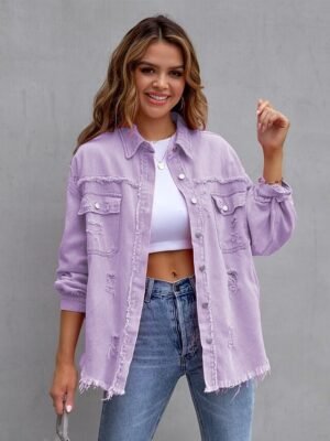 Casual Regular Plain Shirt Collar Long Sleeve Shacket - Image 13