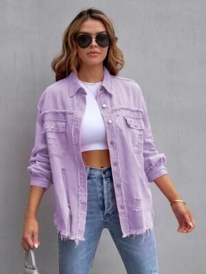 Casual Regular Plain Shirt Collar Long Sleeve Shacket - Image 15