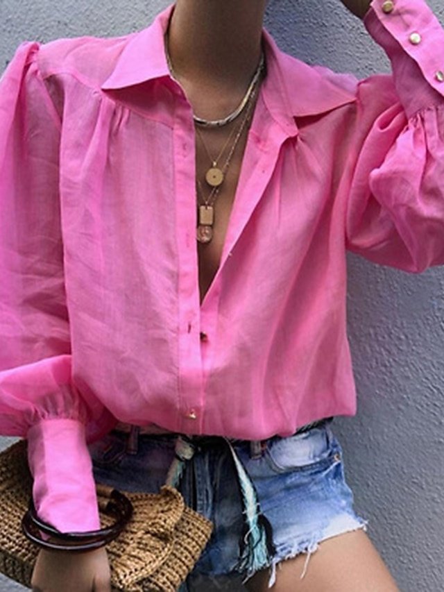 Casual Regular Plain Shirt Collar Long Sleeve Tops - Image 2