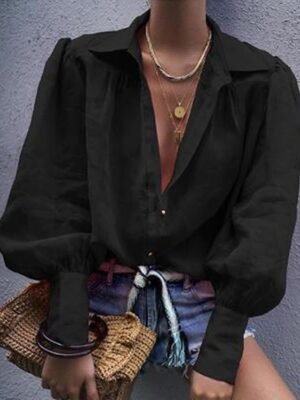 Casual Regular Plain Shirt Collar Long Sleeve Tops - Image 4