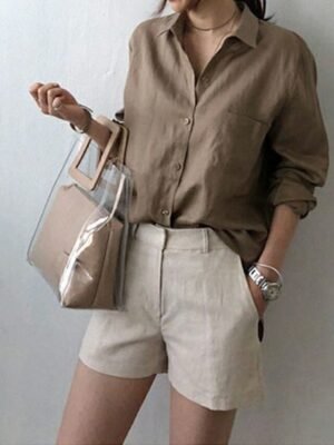 Casual Regular Plain Shirt Collar Long Sleeve Long Top - Image 5