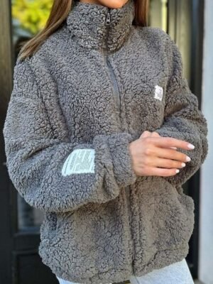 Casual Regular Plain Stand Collar Long Sleeve Fleece Jacket - Image 3