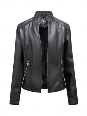 Casual Regular Plain Stand Collar Long Sleeve Short Jacket - Image 3