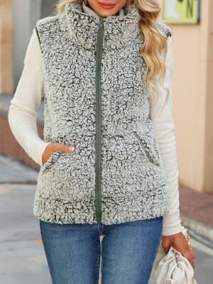 Casual Regular Plain Stand Collar Sleeveless Fleece Vest - Image 1