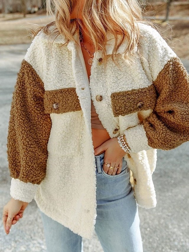 Casual Regular Plain Turndown Long Sleeve Teddy Coat - Image 2