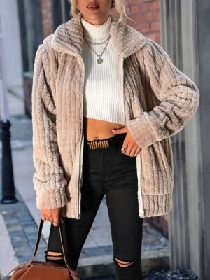 Casual Regular Plain Turndown Long Sleeve Fleece Jacket - Image 4