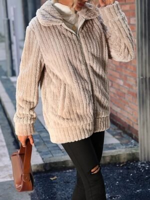 Casual Regular Plain Turndown Long Sleeve Fleece Jacket - Image 5