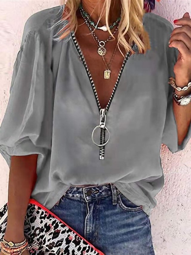 Casual Regular Plain V Neck 3/4 Sleeve Shirt Blouse - Image 1