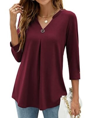 Casual Regular Plain V Neck 3/4 Sleeve Tunic Blouse - Image 10
