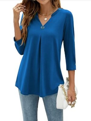 Casual Regular Plain V Neck 3/4 Sleeve Tunic Blouse - Image 11