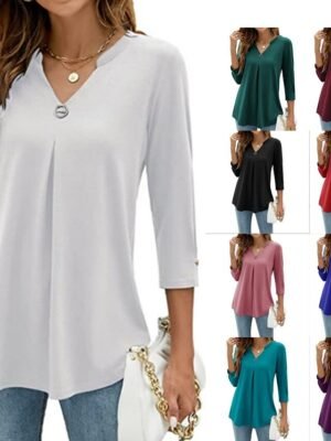Casual Regular Plain V Neck 3/4 Sleeve Tunic Blouse - Image 2