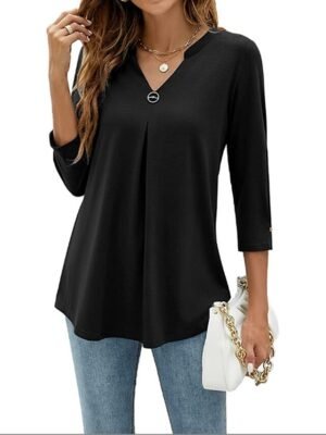 Casual Regular Plain V Neck 3/4 Sleeve Tunic Blouse - Image 3
