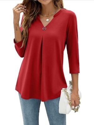 Casual Regular Plain V Neck 3/4 Sleeve Tunic Blouse - Image 4