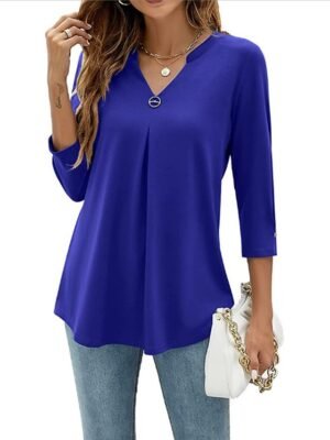 Casual Regular Plain V Neck 3/4 Sleeve Tunic Blouse - Image 6