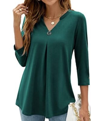 Casual Regular Plain V Neck 3/4 Sleeve Tunic Blouse - Image 7