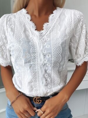 Casual Regular Plain V Neck Lace Short Sleeve Shirt Blouse - Image 1