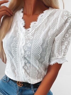 Casual Regular Plain V Neck Lace Short Sleeve Shirt Blouse - Image 2