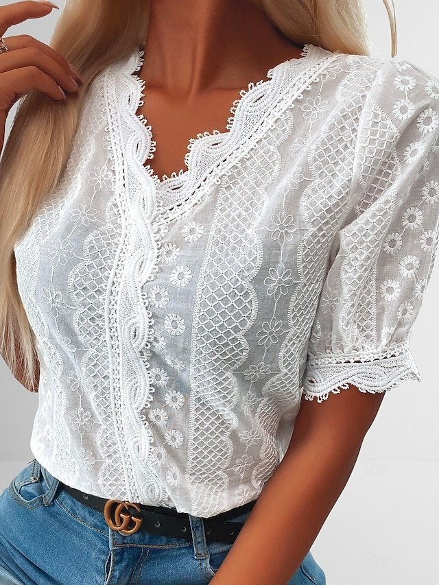 Casual Regular Plain V Neck Lace Short Sleeve Shirt Blouse - Image 2