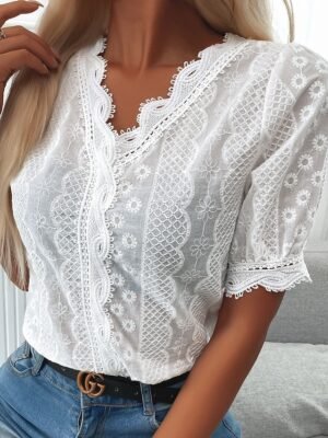 Casual Regular Plain V Neck Lace Short Sleeve Shirt Blouse - Image 3