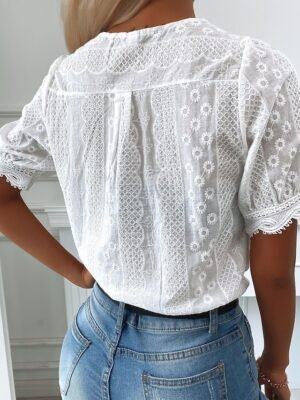 Casual Regular Plain V Neck Lace Short Sleeve Shirt Blouse - Image 4
