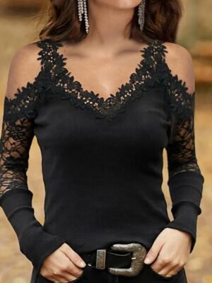 Casual Regular Plain V Neck Long Sleeve Lace Cut Out Top - Image 1