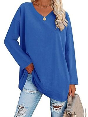 Casual Regular Plain V Neck Long Sleeve Tops - Image 1
