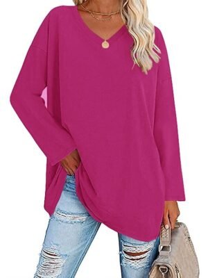 Casual Regular Plain V Neck Long Sleeve Tops - Image 16